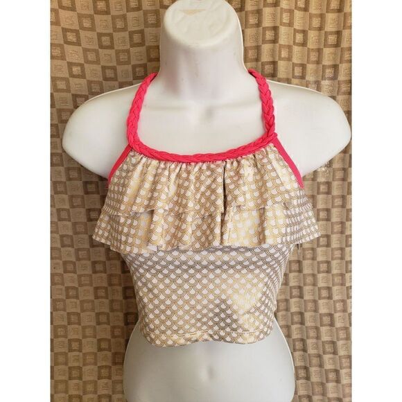 Girls Tankini Criss Cross Halter Ruffle Pink Gold Scallops Swim Top Large NWT - Picture 4 of 9